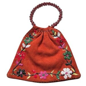 Moyna Embroidered Suede Handbag with Beaded Handle